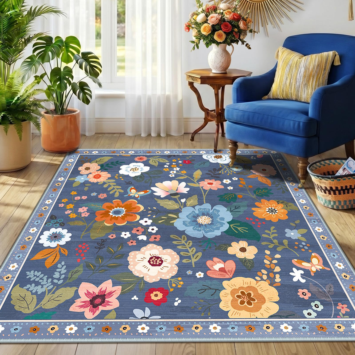 RELEANY Floral Washable 5x7 Area Rugs Black