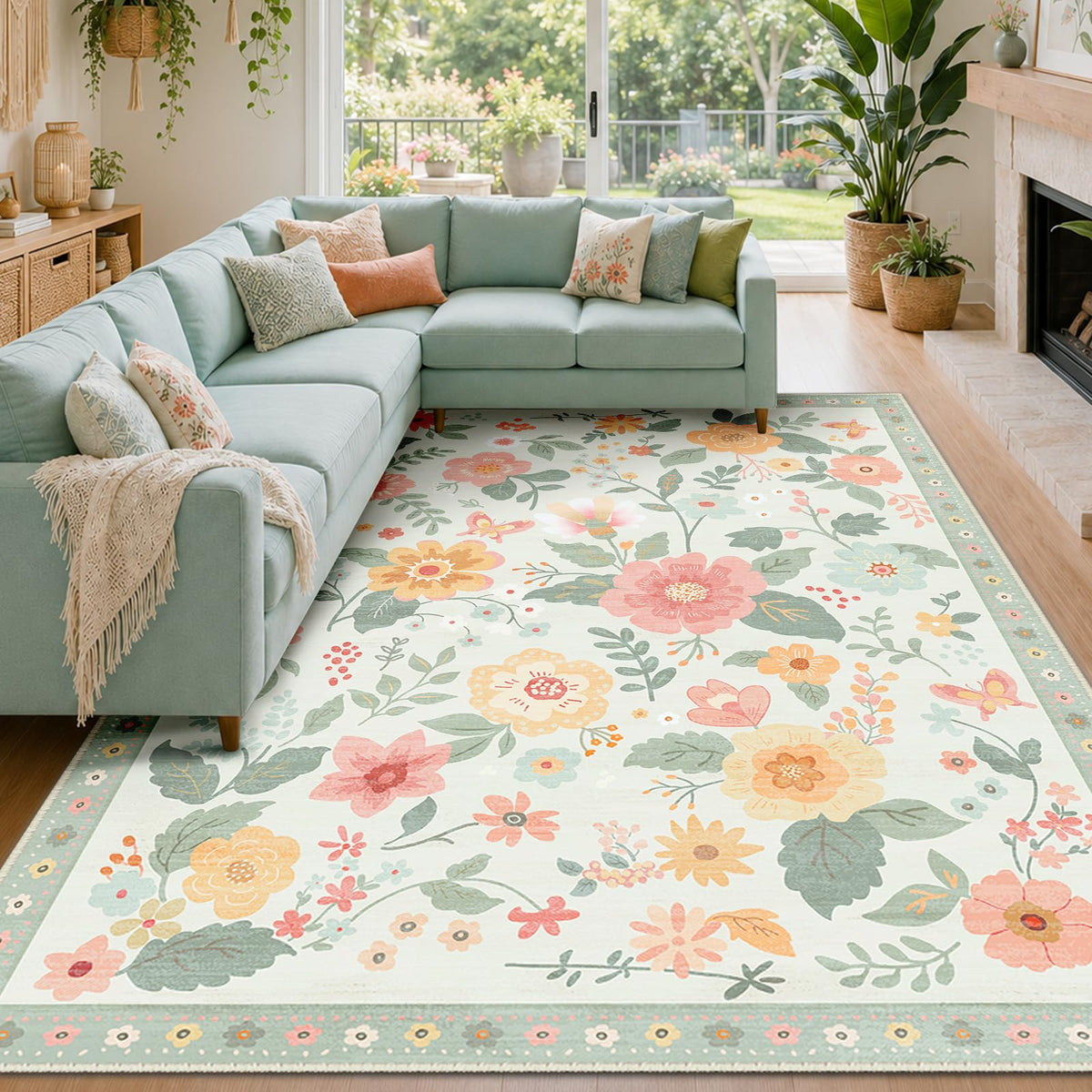 RELEANY Floral Washable 5x7 Area Rugs Black