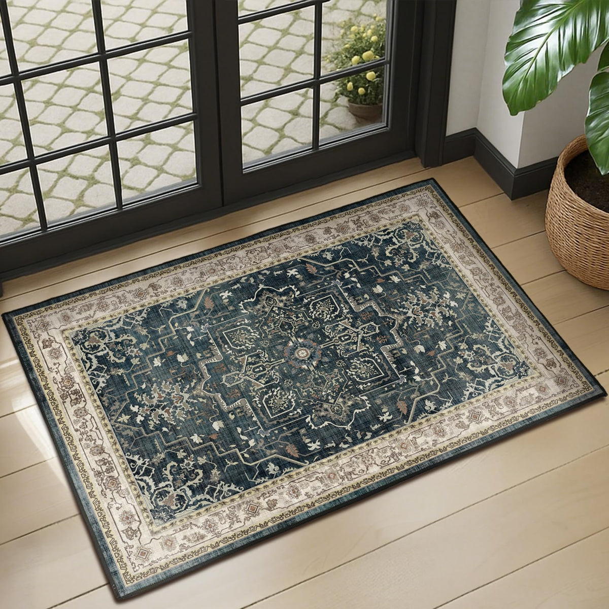 Vintage Dark Green Area Rugs 5x7 for Living Room, Tranditional Distressed Medallion Printed Low Pile Thin Rugs for Bedroom, Non Slip Washable Carpet Rugs for Dining Room/Kitchen/Home Office