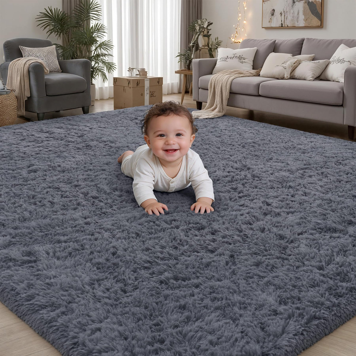 PLHXFR 8x10 Area Rugs Living Room: Fluffy Bedroom Soft Shag Rug Black Grey