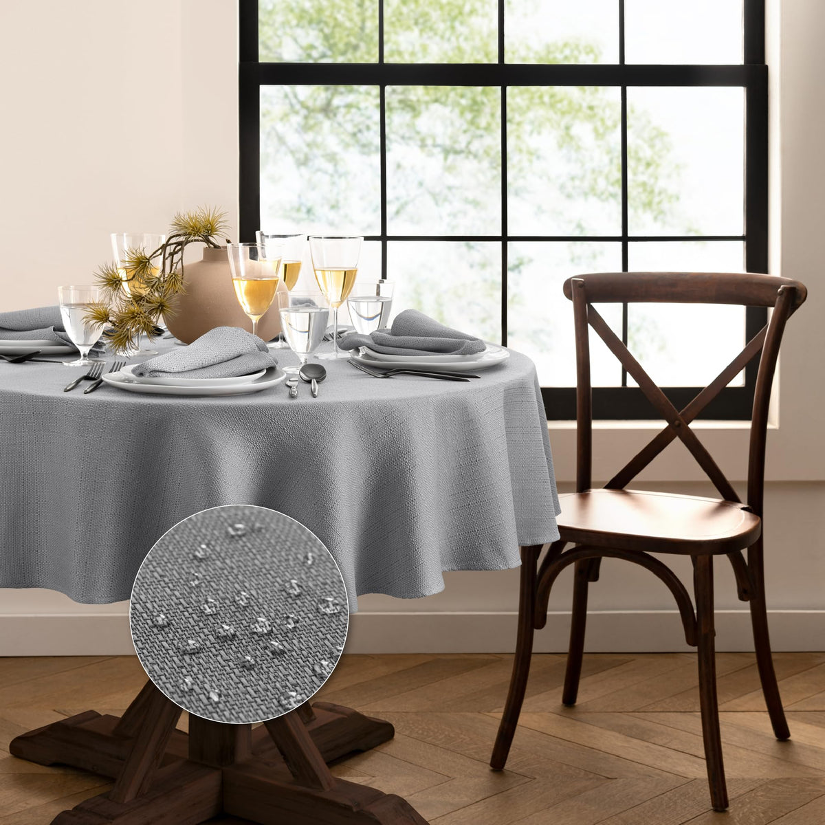 Elrene Home Fashions Laurel Solid Texture Water and Stain Resistant Tablecloth, 90" Round, Gray