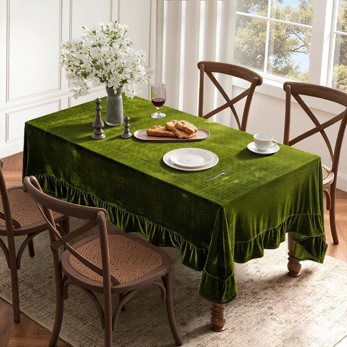 MIULEE Velvet Tablecloth with Decorative Ruffle 60x120 Inch Olive Green