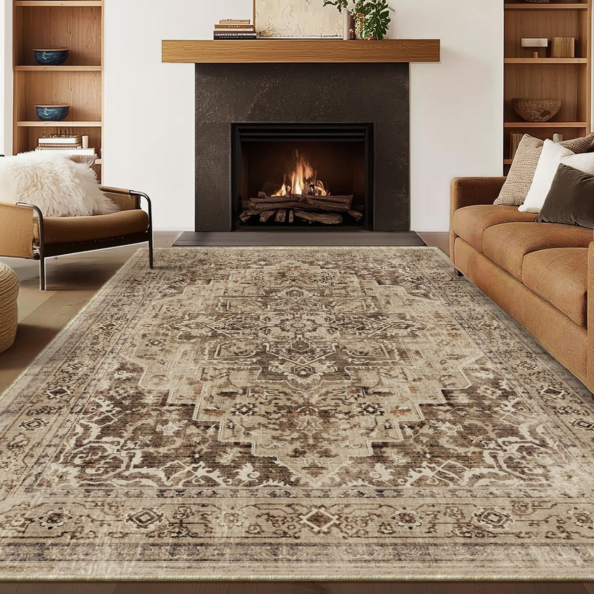 Vintage Dark Green Area Rugs 5x7 for Living Room, Tranditional Distressed Medallion Printed Low Pile Thin Rugs for Bedroom, Non Slip Washable Carpet Rugs for Dining Room/Kitchen/Home Office