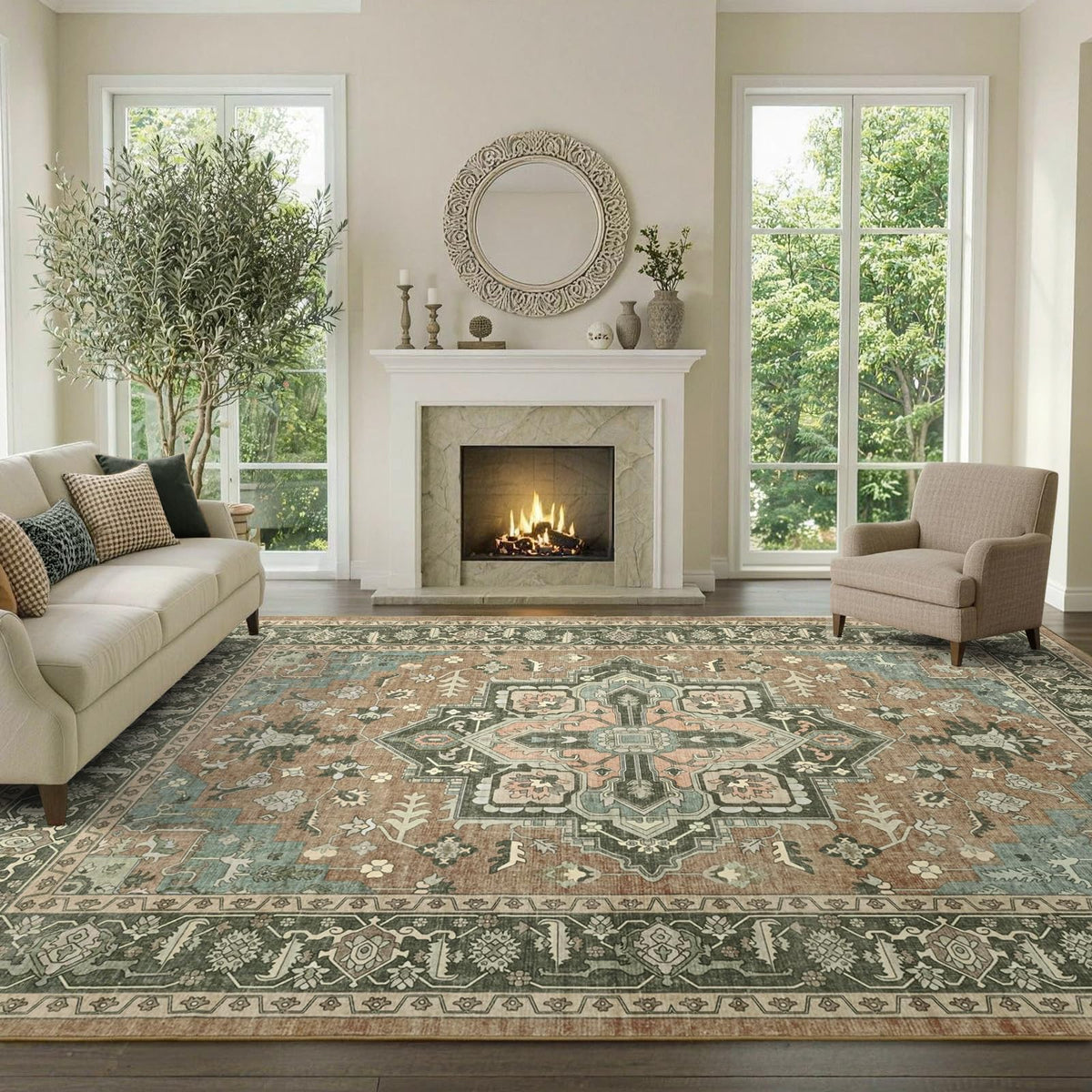 6x9 Ft Large Area Rugs for Living Room, Soft Non-Slip Machine Washable Rug, Vintage Stain Resistant Carpets for Bedroom Nursery Dining Room Home Decor (Beige)