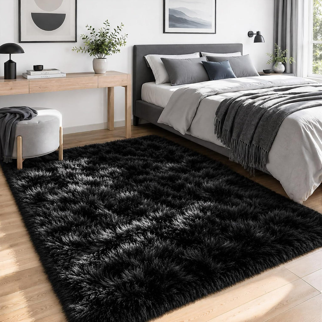4x6 Area Rugs for Living Room: Soft Black Fluffy Rug Shag Washable Rug Plush Fuzzy Indoor Carpet for Bedroom Nursery Playroom Girls Boys Kids Room (Black, 4'x6')