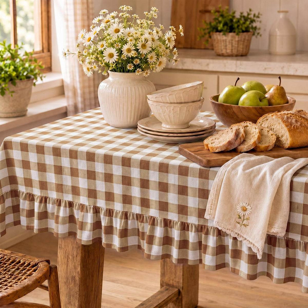 Mindsoft Brown Ruffled Gingham Tablecloth, 52 x 70 Inches, Rectangle