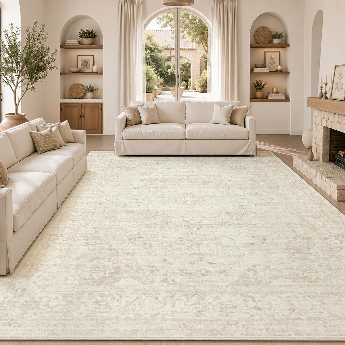 8x10 Area Rugs for Living Room: Washable Boho Vintage Floral Rug Large Soft Non-Slip Rugs Stain Resistant Low Pile Indoor Carpet for Bedroom Dining Room Nursery Home Office Beige