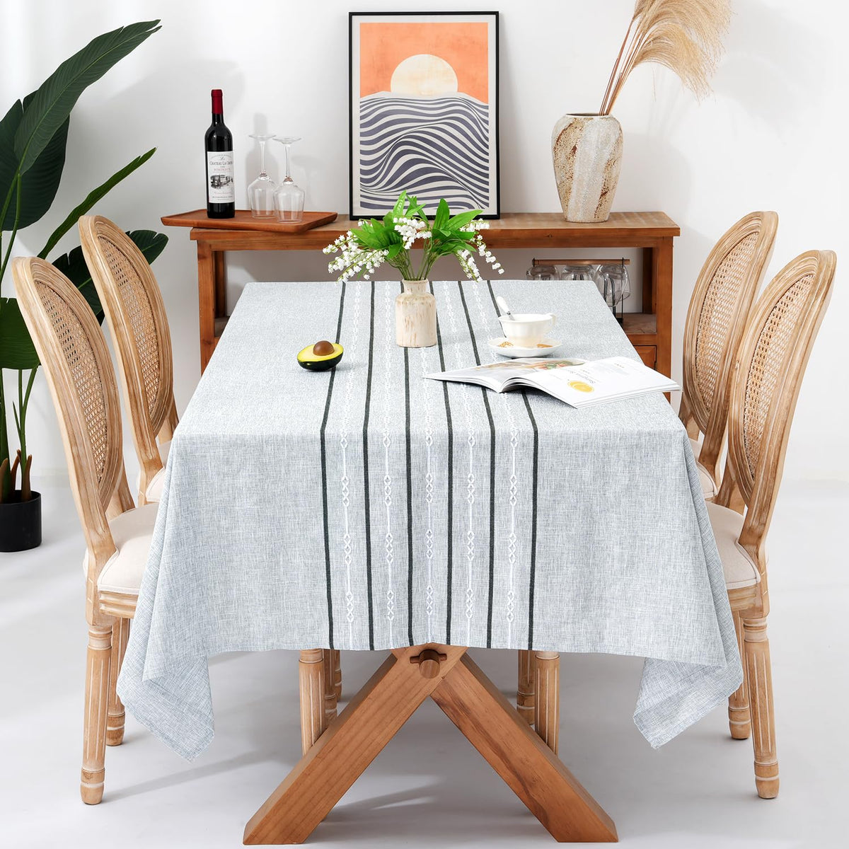 Chassic 60 x 84 inches Farmhouse Style Linen tablecloths, Wrinkle Resistant Washable Dining Room Table Cloths for Rectangle Tables - Hemstitch Light Coffee
