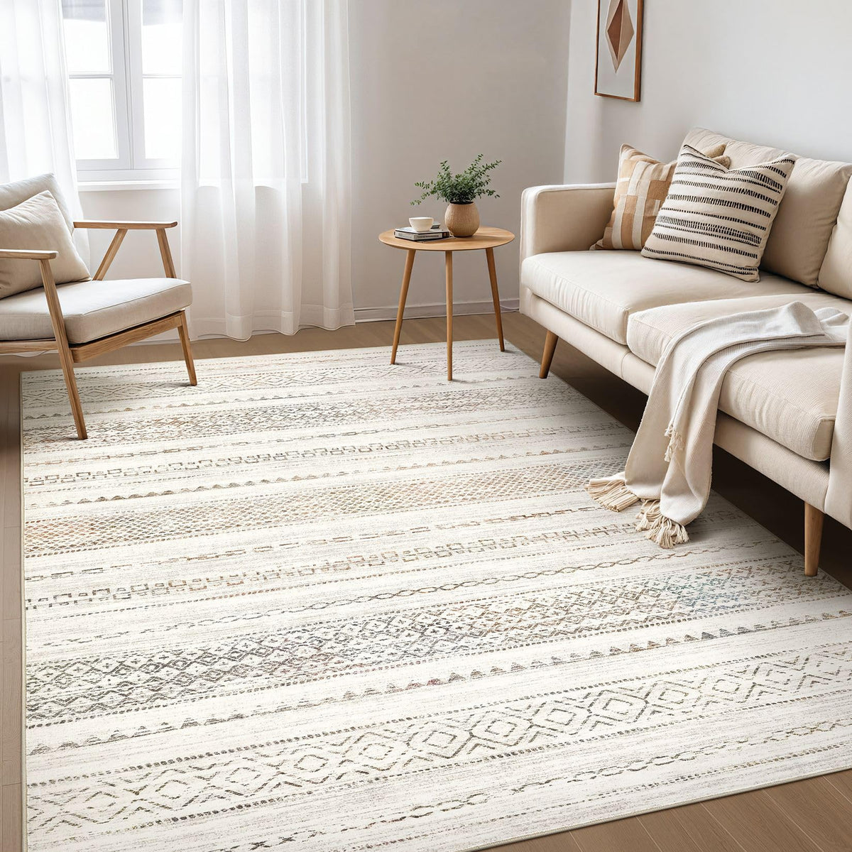 Nakagishi Boho 5x7 Area Rug Living Room Rugs Machine Washable Beige/Brown