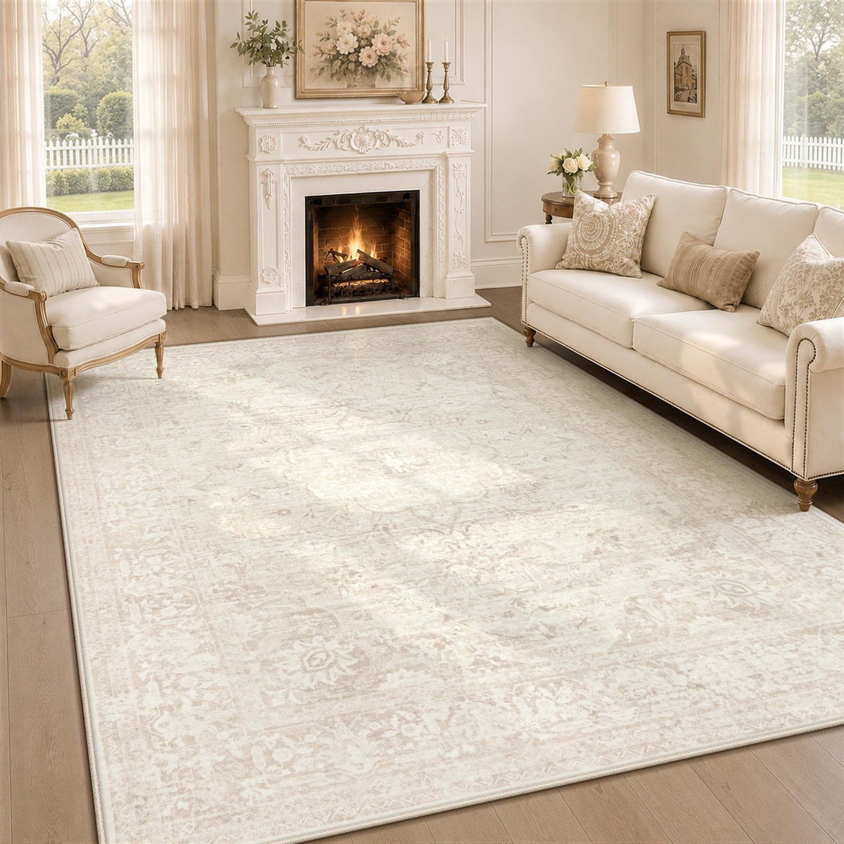 8x10 Area Rugs for Living Room: Washable Boho Vintage Floral Rug Large Soft Non-Slip Rugs Stain Resistant Low Pile Indoor Carpet for Bedroom Dining Room Nursery Home Office Beige