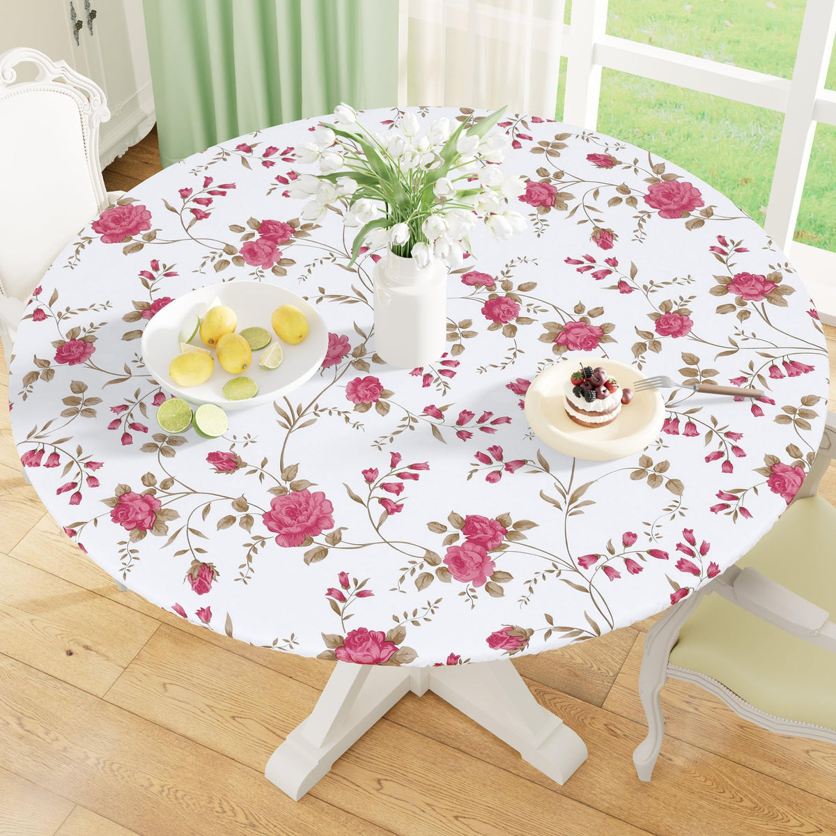 misaya Round Fitted Tablecloth with Elastic Edge, 100% Waterproof Oil Proof Plastic Table Cover, Vinyl Flannel Backed Tablecloth Fits 36"-44" Round Tables for Dinner, Outdoor, Picnic, Flowers