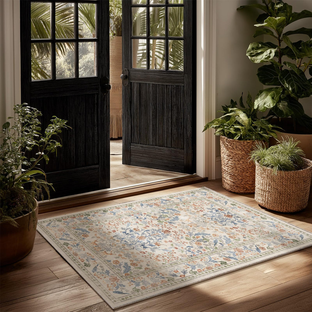 Washable Area Rugs for Living Room: 9x12 Area Rug for Bedroom Vintage Stain Resistant Non Slip Low Pile Lightweight Soft Carpet for Kitchen Dining Room Farmhouse Kids Room Nursery