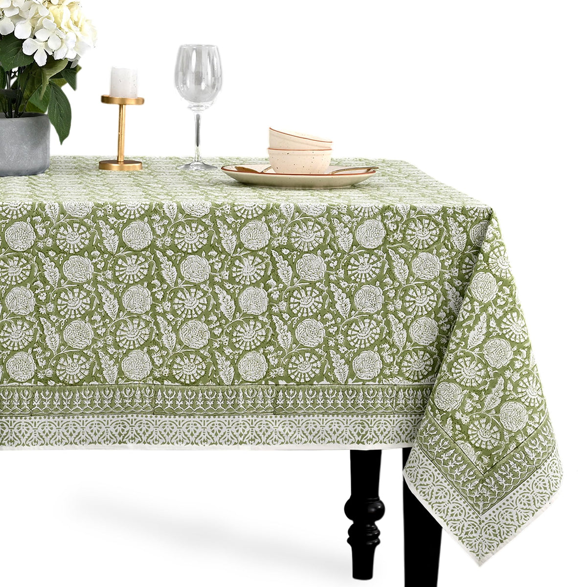 CPC Tablecloth 100% Cotton 70x108 Inch Indian Block Print Rectangle Table Cover, Blue Table Cloth for Weddings, Spring/Summer, Barbeque - Apatite Blue
