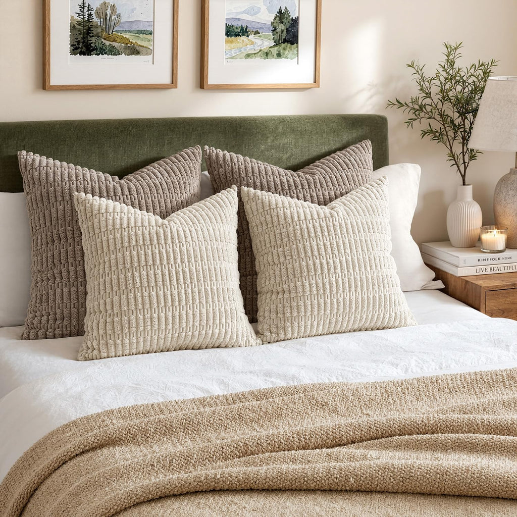 MIULEE Corduroy Decorative Throw Pillow Covers 18x18 Cream White Pack of 2