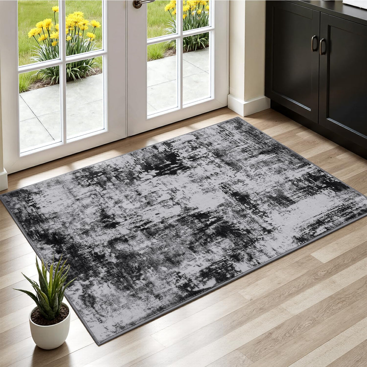 Rugflix 8x10 Area Rugs for Living Room, Washable Large Rug Stain-Resistant Low Pile, Modern Dark Carpet for Dining Room Home Office Kid Room Nursery Bedroom, Navy Blue/Black