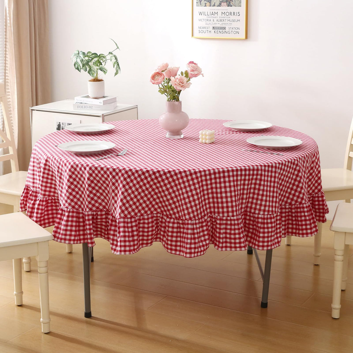 Blush White Gingham Ruffled Table Cloth Rectangular 120“x60”