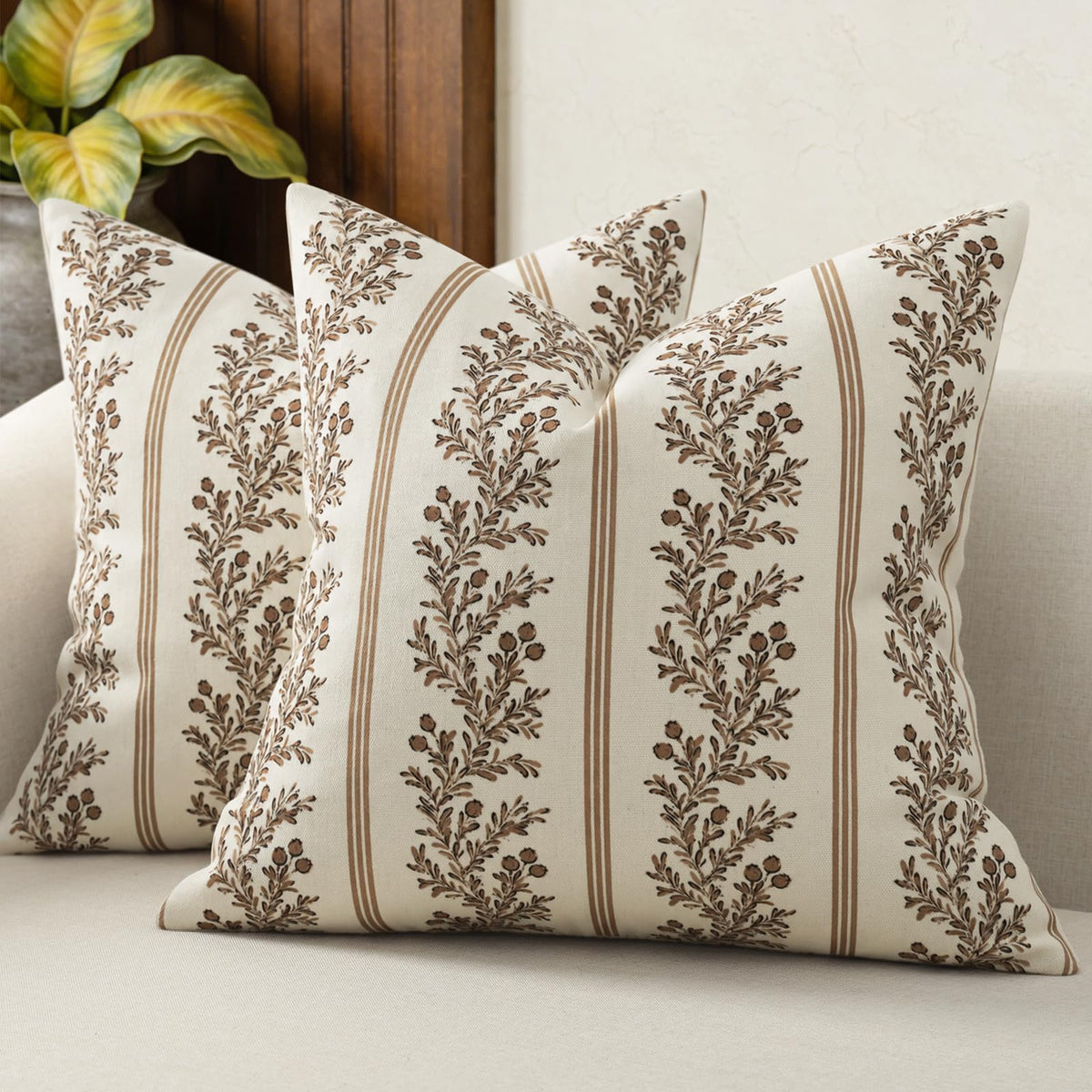 Vintage Throw Pillow Covers 18x18 Set of 2, Striped Floral Pillow Cover Botanical Patterned Decorative Cushion Covers Modern Farmhouse Home Decor for Sofa Couch Bed Living Room, Light Blue
