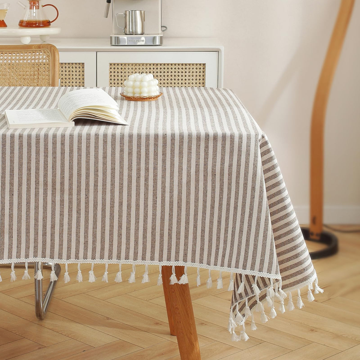 meioro Table Cloth Blue White Striped Tablecloth with Tassels Cotton Linen Dust-Proof Table Cover for Dining Buffet Kitchen Picnic Tables, Parties Holiday Indoor Outdoor Tablecloths (39x55 Inch)