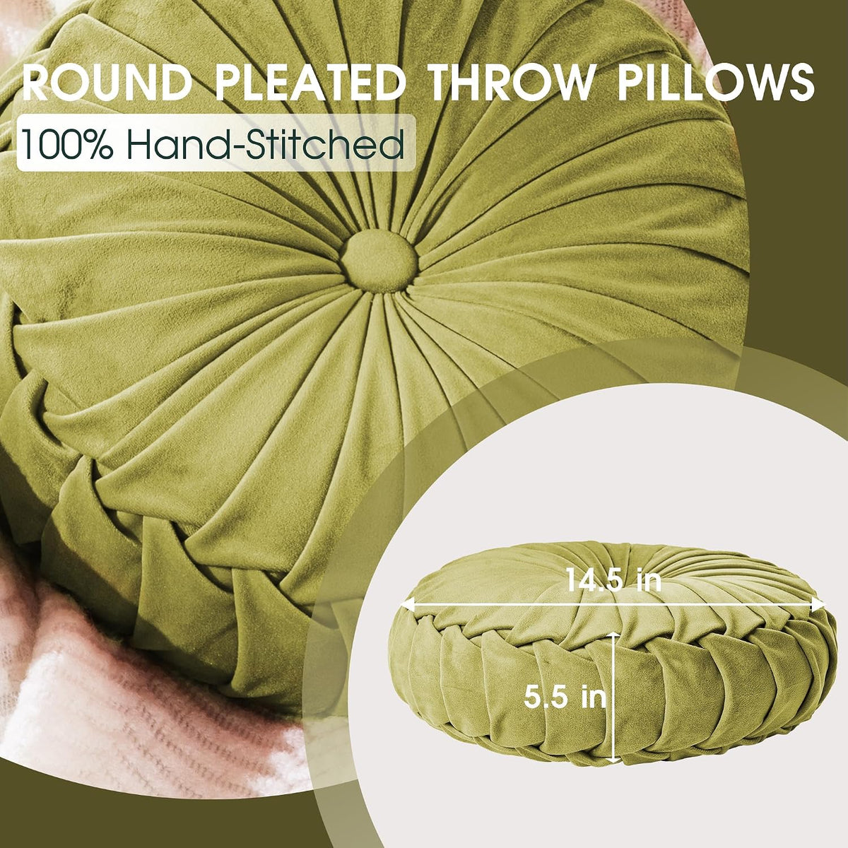 ROSE&RISY Round Pleated Velvet Throw Pillow, 1 Pack Decorative Accent Pumpkin Pillow Cushion for Couch Sofa Bed, Soft Plush Retro Vanity Throw Pillows for Home Decor, 14.5 Inch, Olive Green