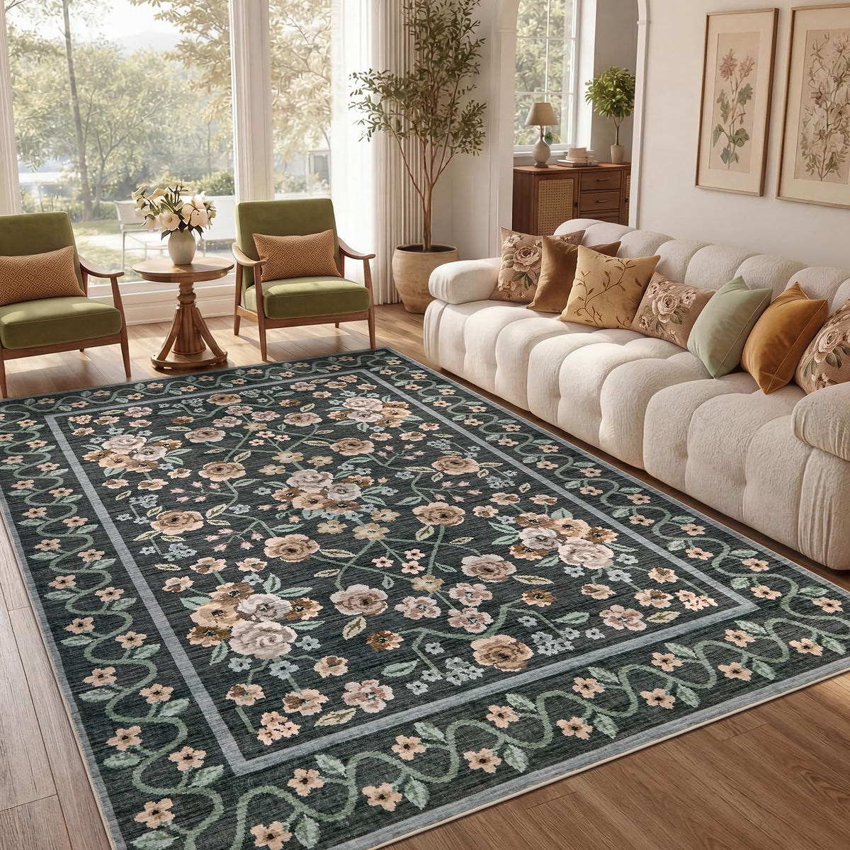 Garvee Beige Floral 5x7 Area Rug for Bedroom Living Room