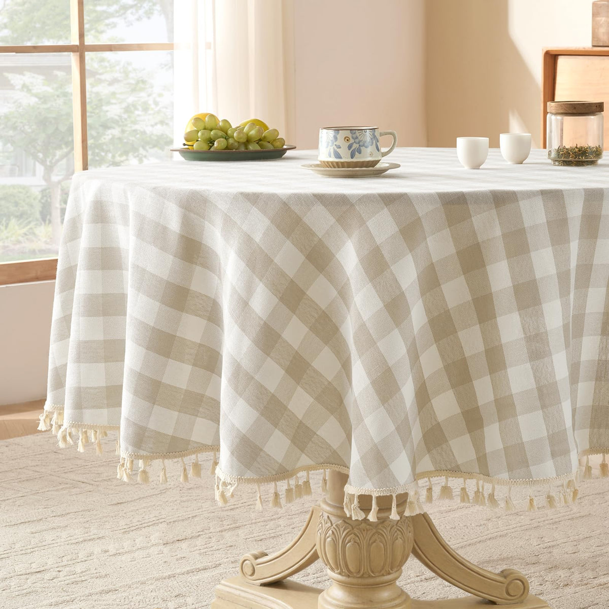 Softalker Gingham Rectangle Tablecloth with Tassel, Sage Green, 55" x 84"