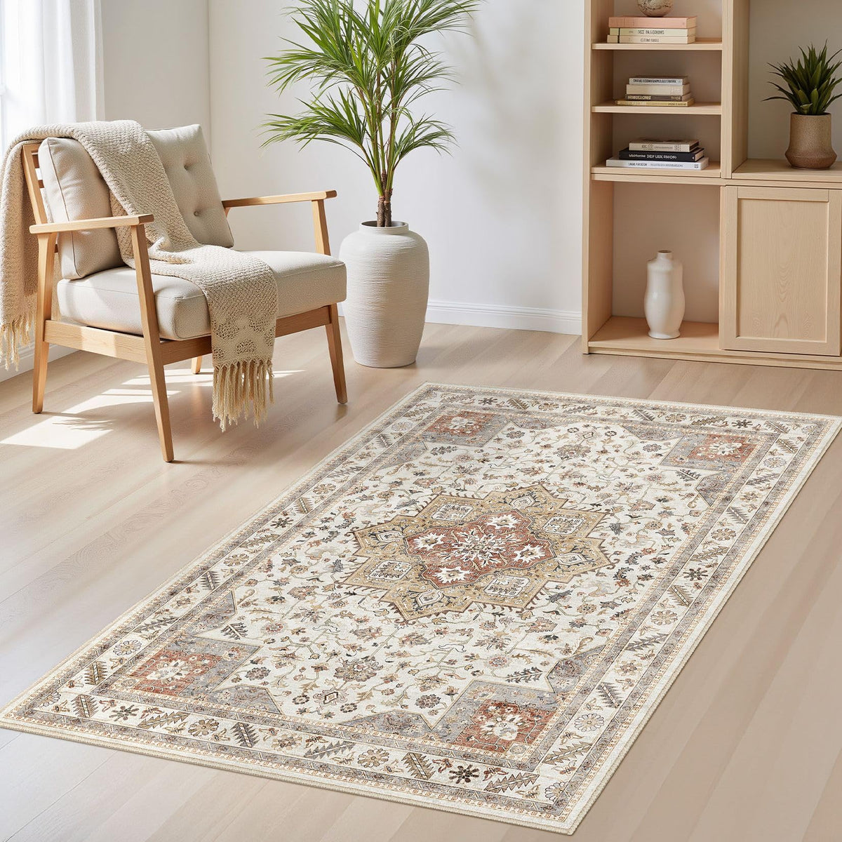 cotiled 5x7 Area Rug for Living Room, Washable, Traditional, Beige