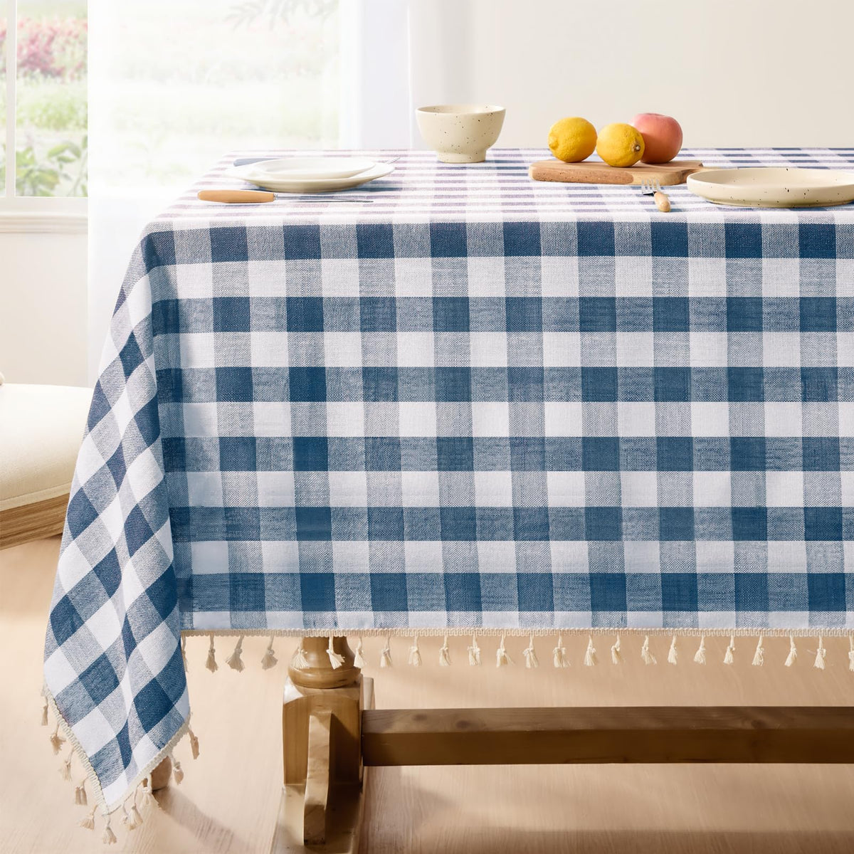 Softalker Gingham Rectangle Tablecloth with Tassel, Sage Green, 55" x 84"