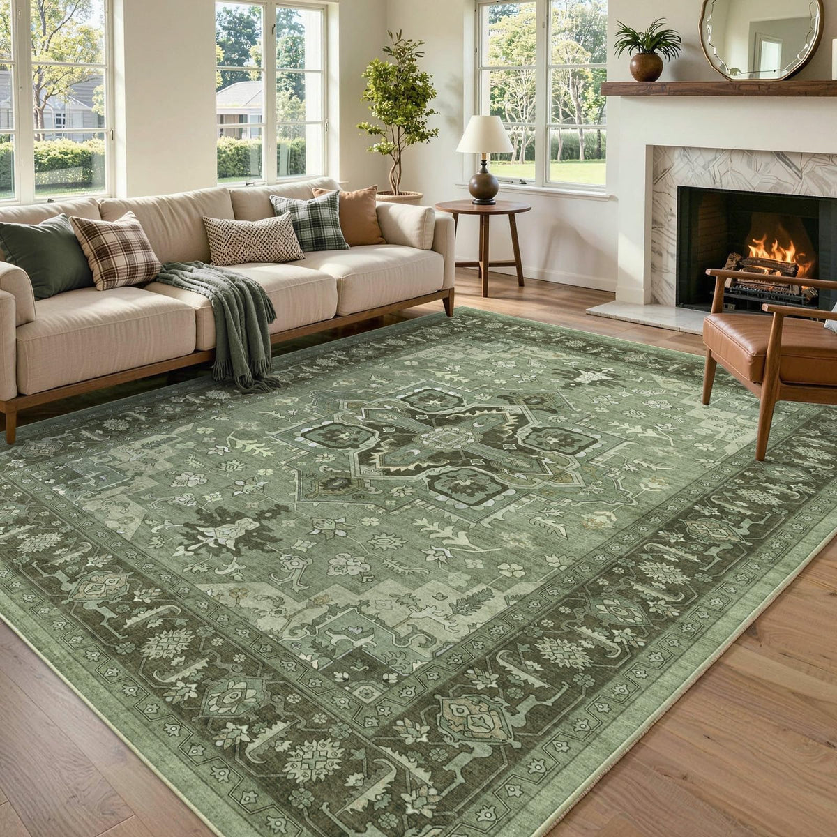 6x9 Ft Large Area Rugs for Living Room, Soft Non-Slip Machine Washable Rug, Vintage Stain Resistant Carpets for Bedroom Nursery Dining Room Home Decor (Beige)