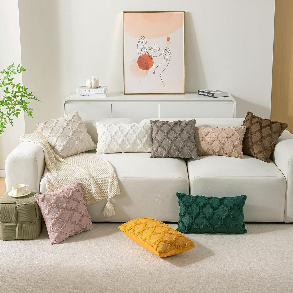 Set of 2 Soft Moroccan Throw Pillow Covers 18x18 Inch Plush Boho Decorative Pillow Cover Accent Cushion Case for Couch Sofa Bed, Beige
