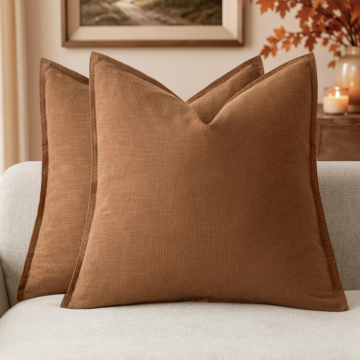 Foindtower Linen Solid Decorative Throw Pillow Covers 18x18 Natural Beige
