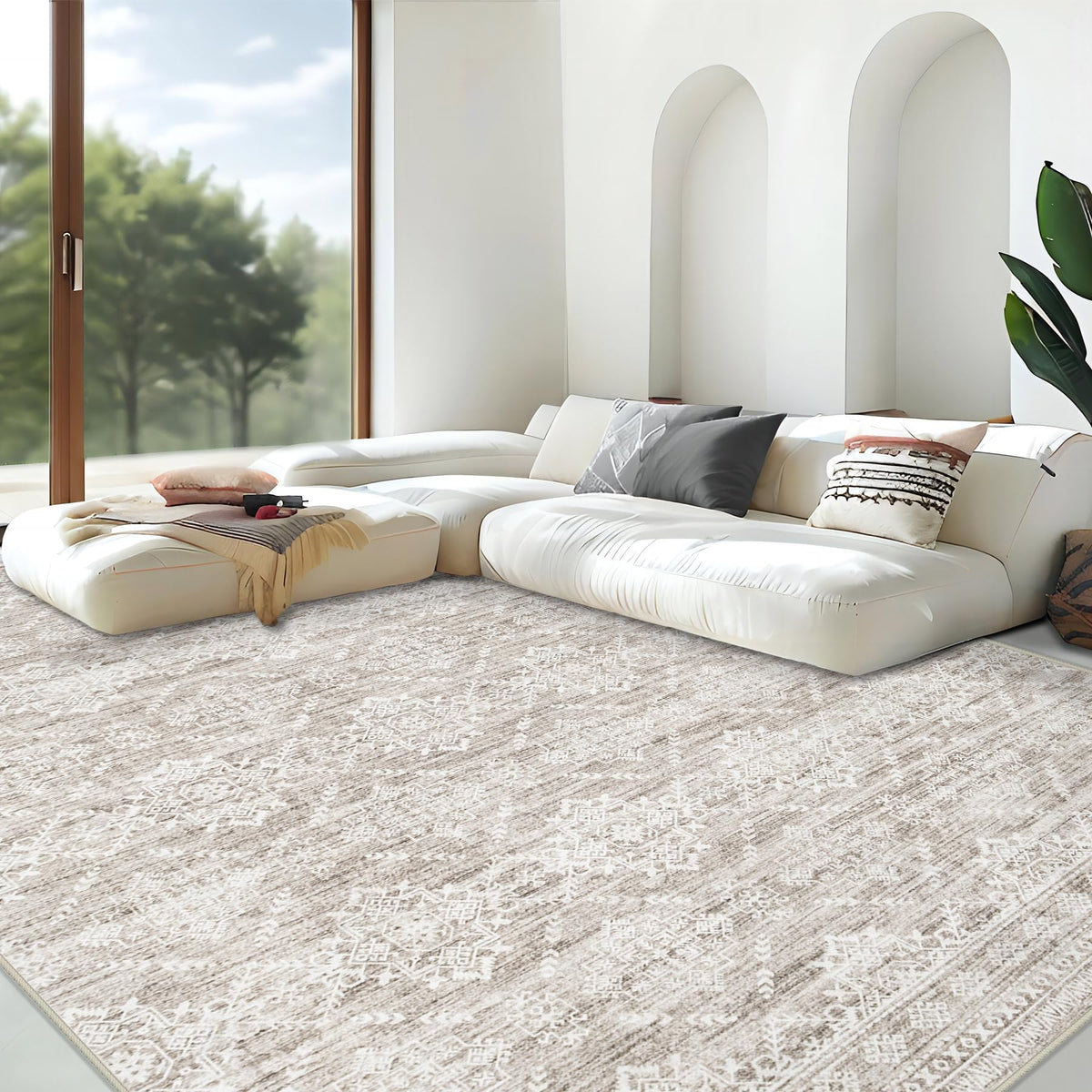 Area Rug for Living Room 6x9: Large Washable Boho Moroccan Rugs Geometric Neutral Rug, Non-Slip Foldable Morden Farmhouse Indoor Floor Carpet for Bedroom Dining Table Home(Brown Green,6'x9')