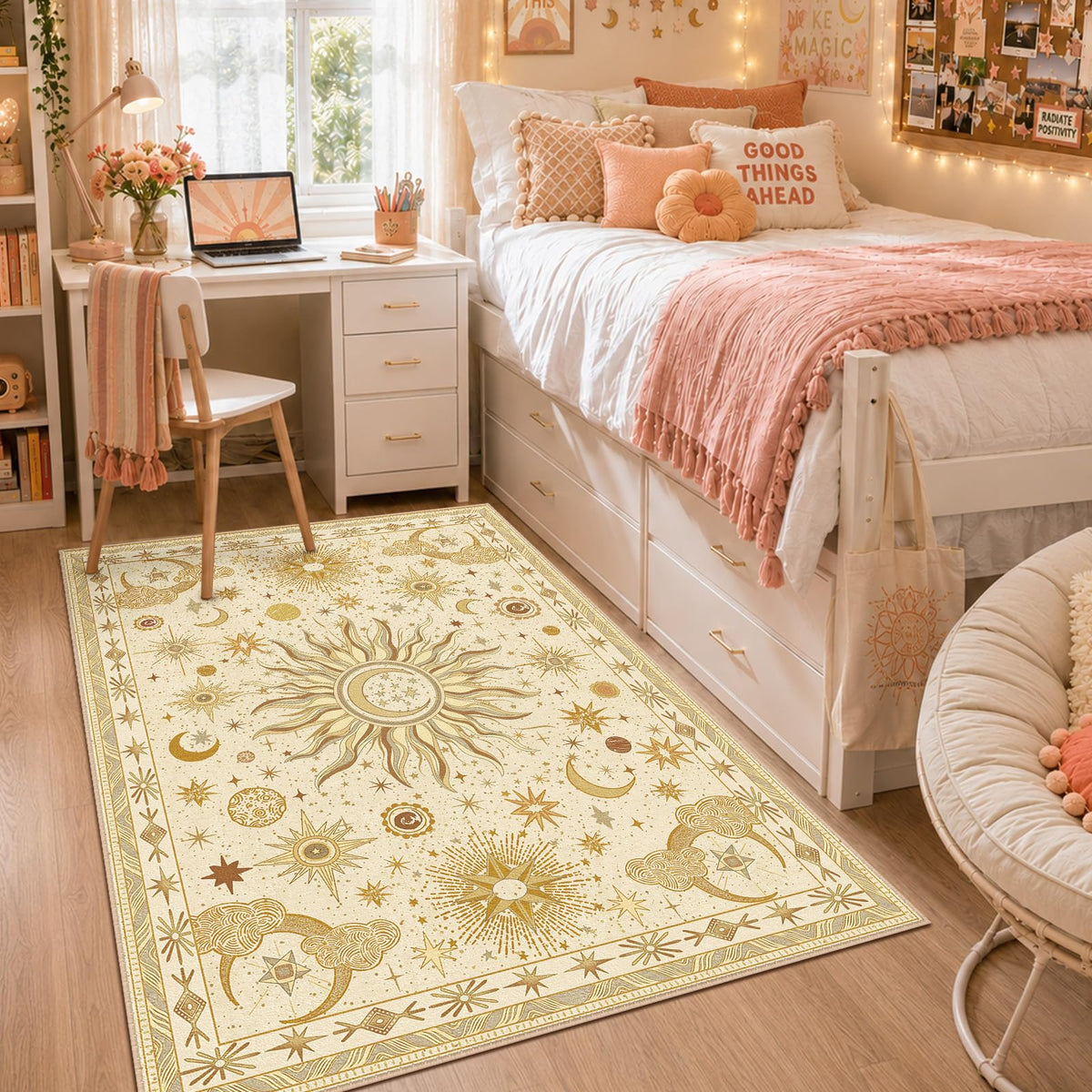 Vacuum-Friendly, 5x7 Washable Area Rug, Black Gold Beige Red