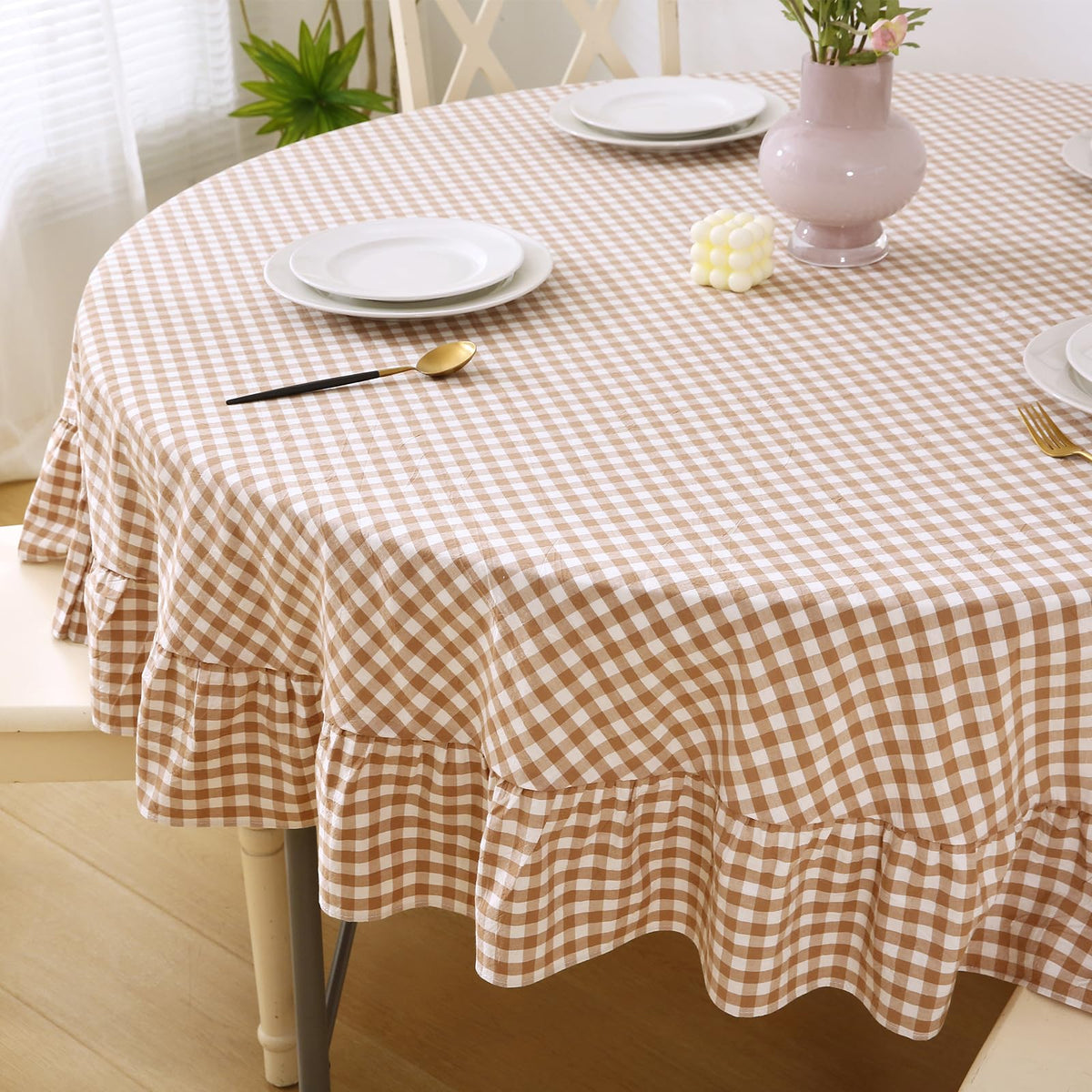 Blush White Gingham Ruffled Table Cloth Rectangular 120“x60”