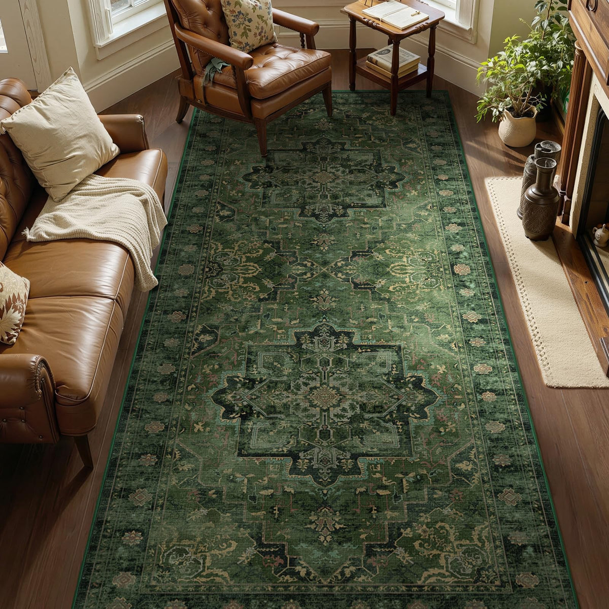 Vintage Dark Green Area Rugs 5x7 for Living Room, Tranditional Distressed Medallion Printed Low Pile Thin Rugs for Bedroom, Non Slip Washable Carpet Rugs for Dining Room/Kitchen/Home Office