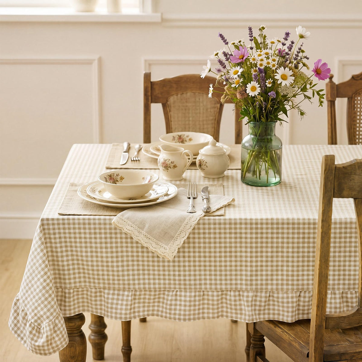 Mindsoft Brown Ruffled Gingham Tablecloth, 52 x 70 Inches, Rectangle