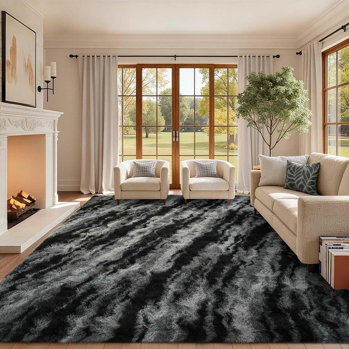 6x9 Ft Large Shag Rugs for Living Room Decor, Tie-Dyed Ultra Soft Fluffy Furry Area Rugs for Bedroom Indoor Floor, Aesthetic Carpet for Kids Home (Dark Grey)