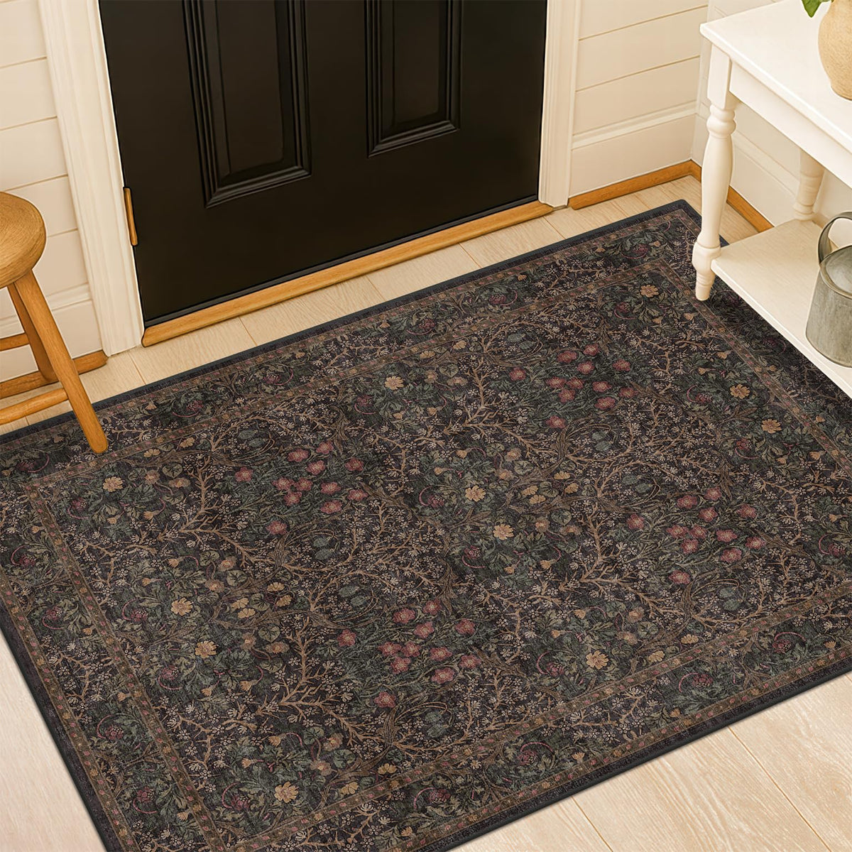 Vintage Floral Dark Green 3x5 Area Rugs for Entryway, Kitchen, Bedroom Beside Rug, Laundry Room, Non-Slip Low Pile Ultra Soft Stain Resistant Small Carpet