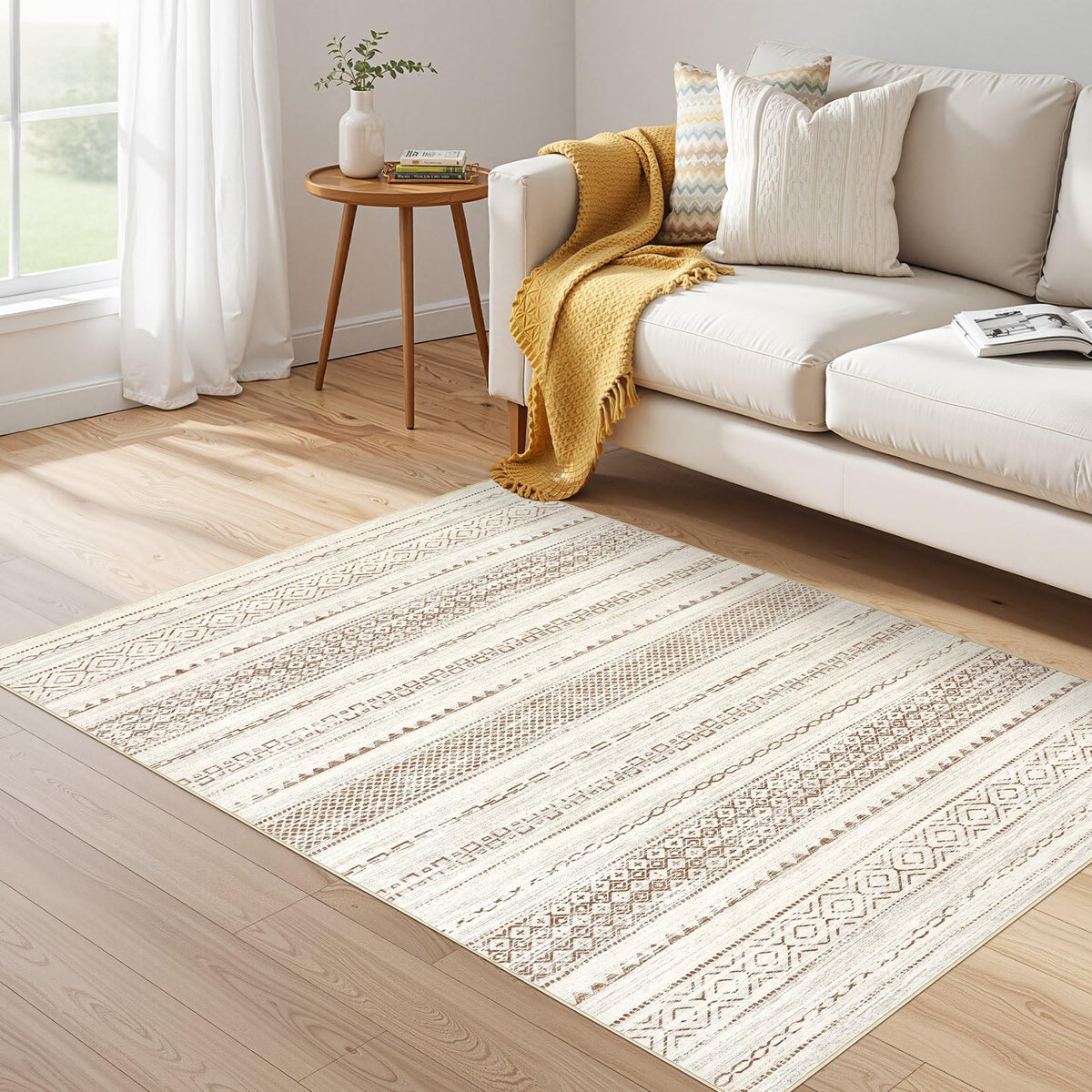 Nakagishi Boho 5x7 Area Rug Living Room Rugs Machine Washable Beige/Brown