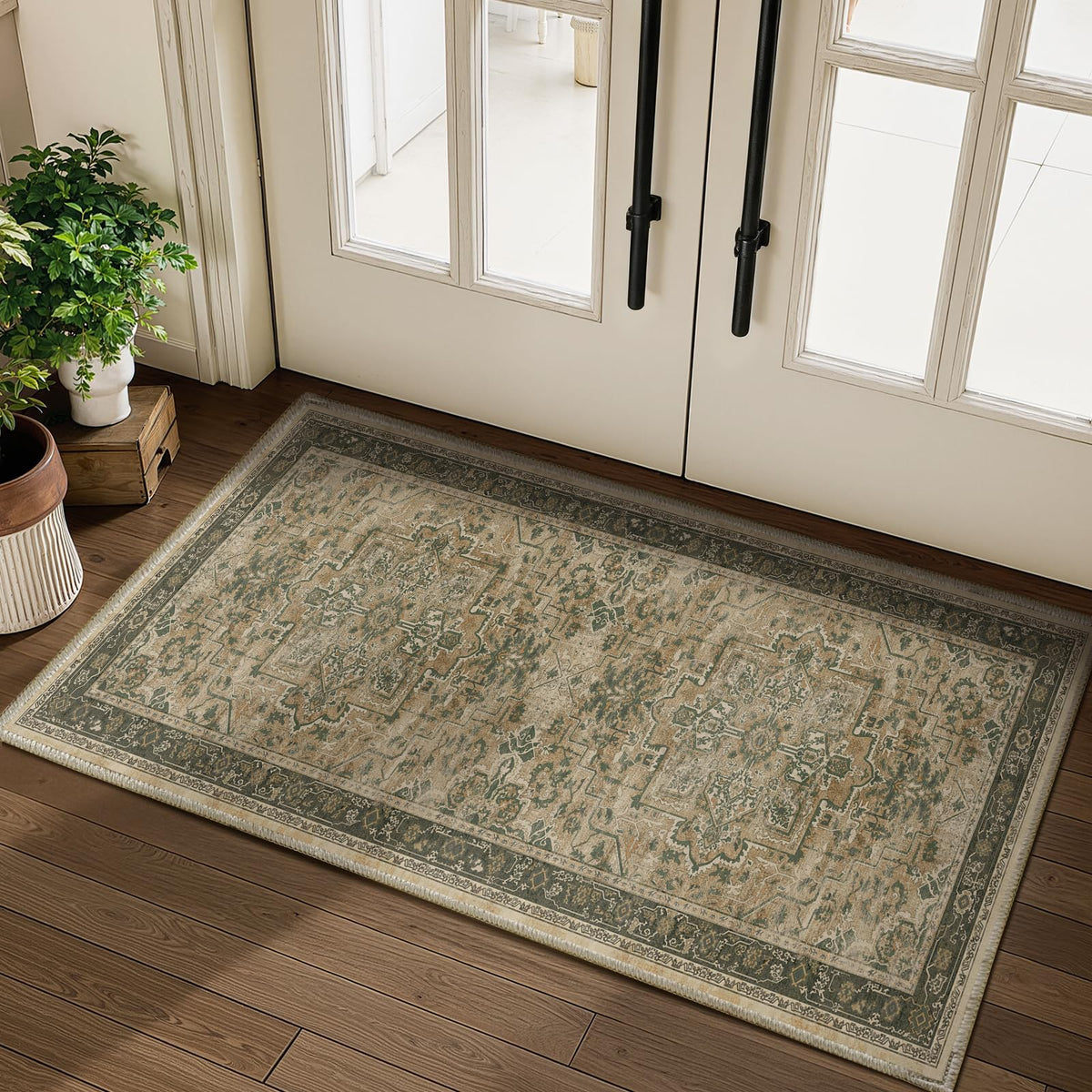 Vintage Dark Green Area Rugs 5x7 for Living Room, Tranditional Distressed Medallion Printed Low Pile Thin Rugs for Bedroom, Non Slip Washable Carpet Rugs for Dining Room/Kitchen/Home Office