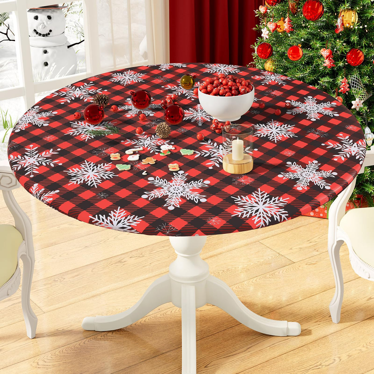 misaya Round Fitted Tablecloth with Elastic Edge, 100% Waterproof Oil Proof Plastic Table Cover, Vinyl Flannel Backed Tablecloth Fits 36"-44" Round Tables for Dinner, Outdoor, Picnic, Flowers