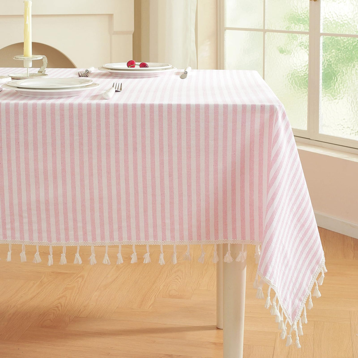 meioro Table Cloth Blue White Striped Tablecloth with Tassels Cotton Linen Dust-Proof Table Cover for Dining Buffet Kitchen Picnic Tables, Parties Holiday Indoor Outdoor Tablecloths (39x55 Inch)
