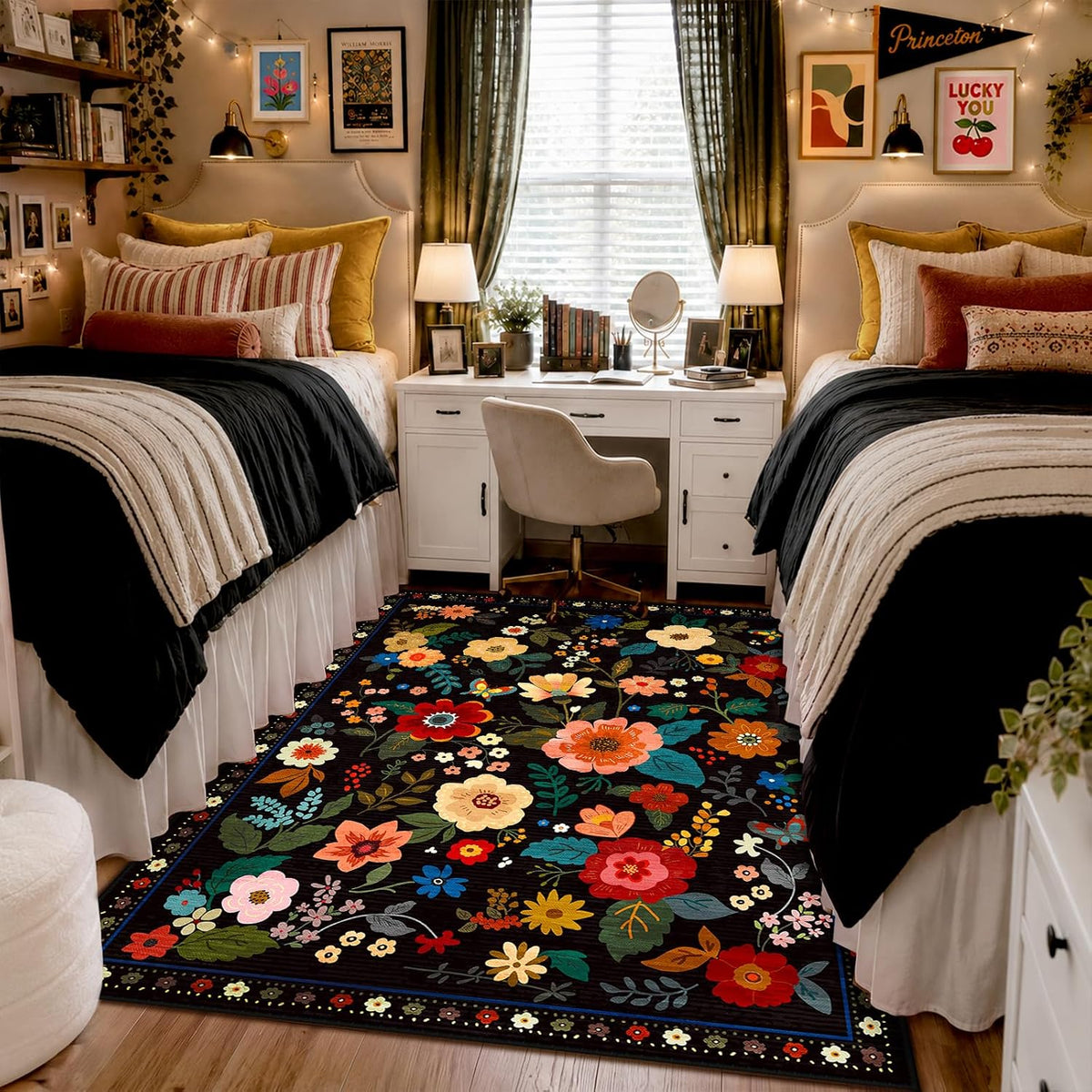 RELEANY Floral Washable 5x7 Area Rugs Black