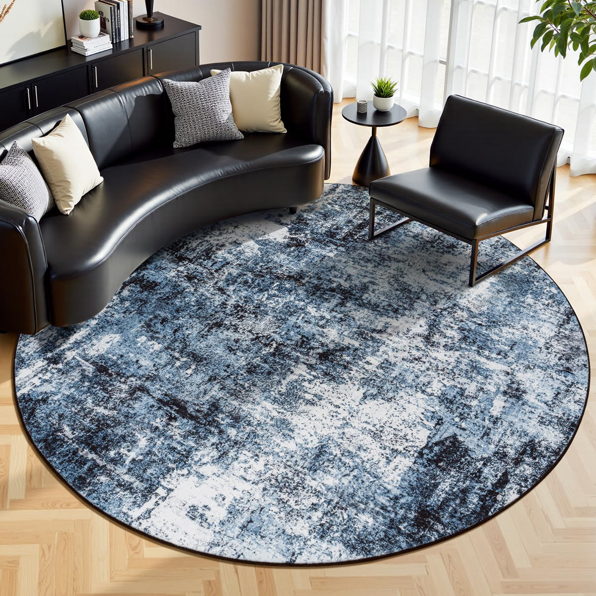 Rugflix 8x10 Area Rugs for Living Room, Washable Large Rug Stain-Resistant Low Pile, Modern Dark Carpet for Dining Room Home Office Kid Room Nursery Bedroom, Navy Blue/Black