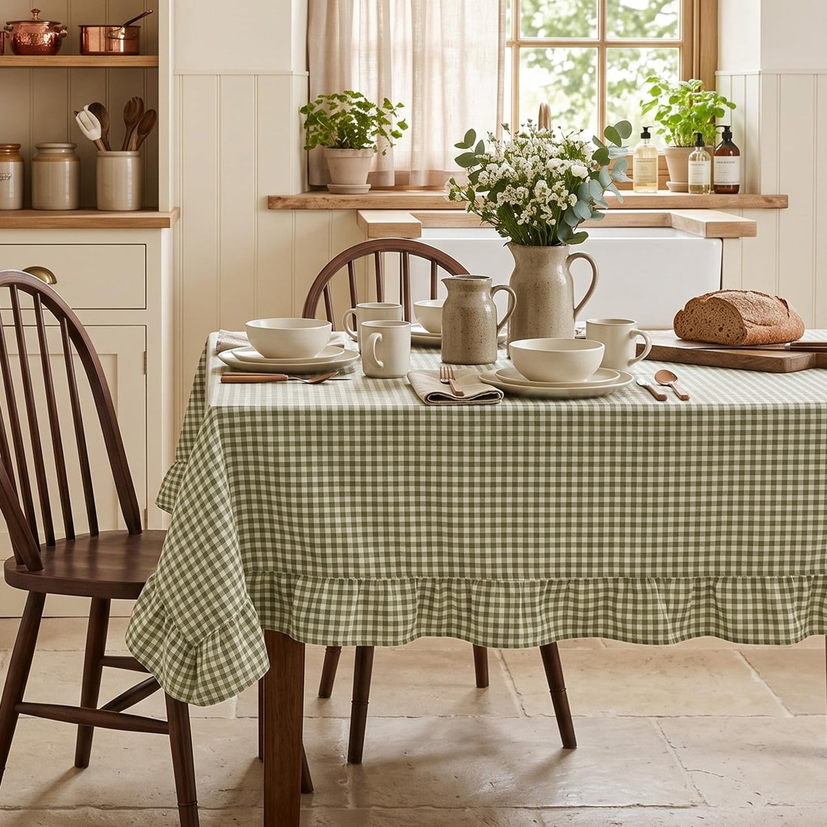 Mindsoft Brown Ruffled Gingham Tablecloth, 52 x 70 Inches, Rectangle