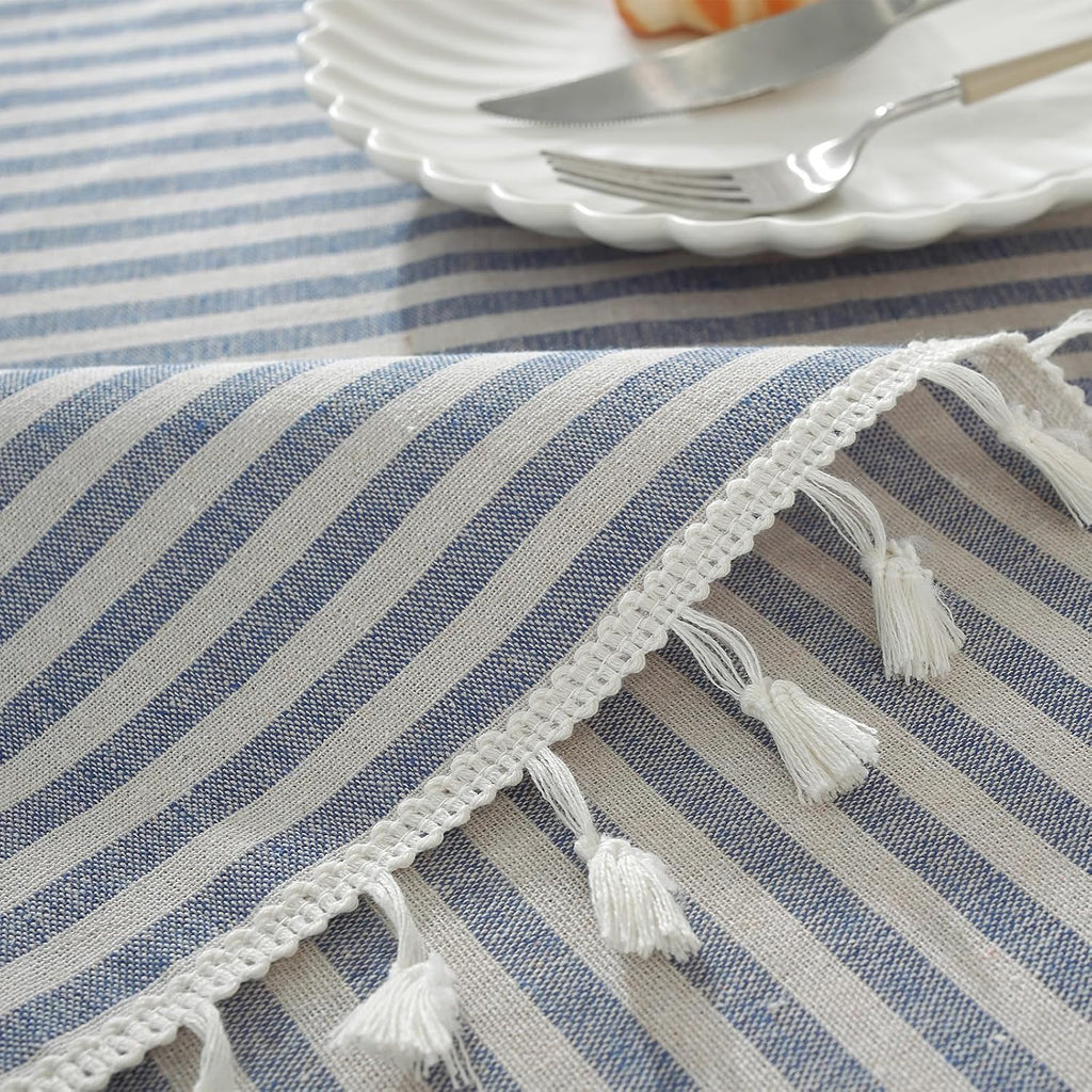 meioro Table Cloth Blue White Striped Tablecloth with Tassels Cotton Linen Dust-Proof Table Cover for Dining Buffet Kitchen Picnic Tables, Parties Holiday Indoor Outdoor Tablecloths (39x55 Inch)