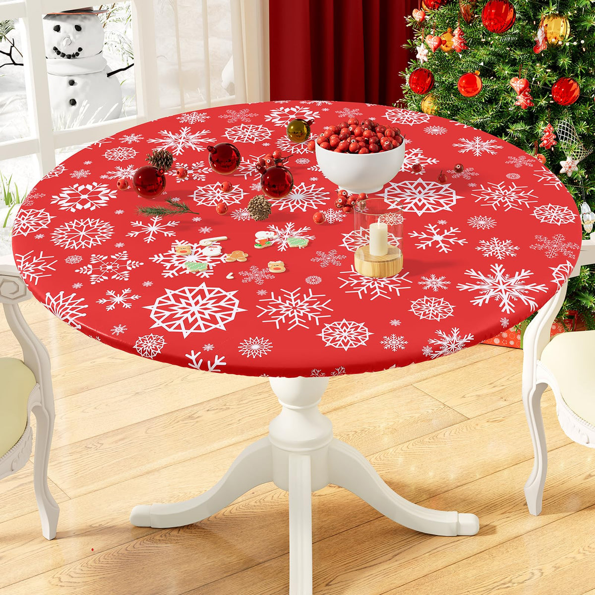 misaya Round Fitted Tablecloth with Elastic Edge, 100% Waterproof Oil Proof Plastic Table Cover, Vinyl Flannel Backed Tablecloth Fits 36"-44" Round Tables for Dinner, Outdoor, Picnic, Flowers