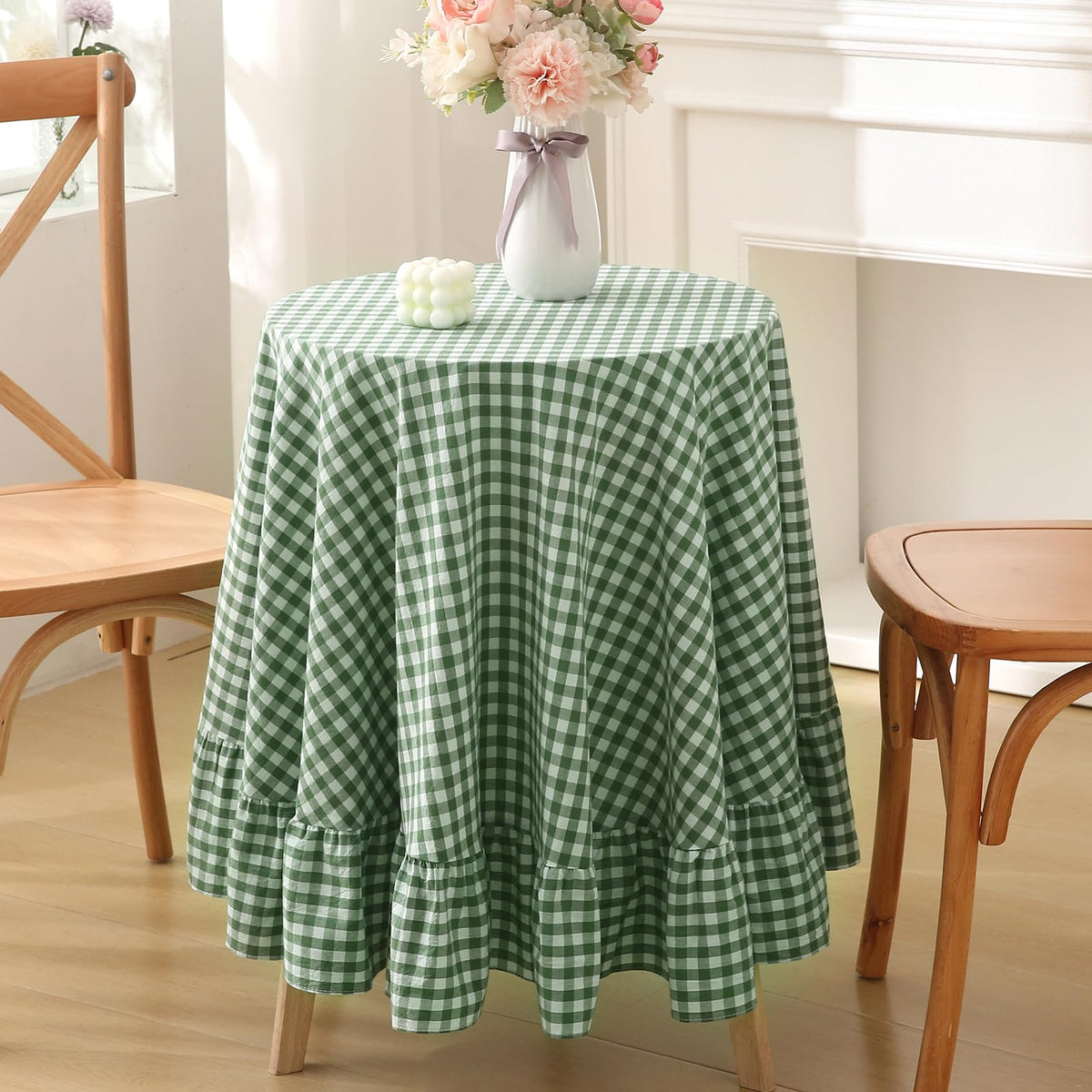 Blush White Gingham Ruffled Table Cloth Rectangular 120“x60”
