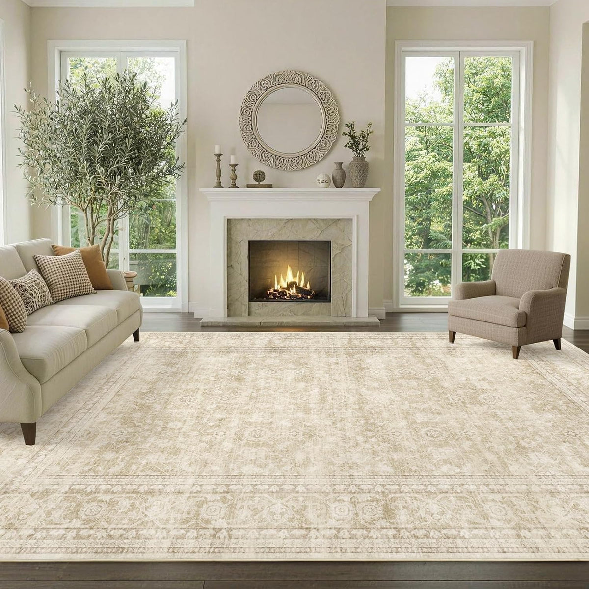 6x9 Ft Large Area Rugs for Living Room, Soft Non-Slip Machine Washable Rug, Vintage Stain Resistant Carpets for Bedroom Nursery Dining Room Home Decor (Beige)