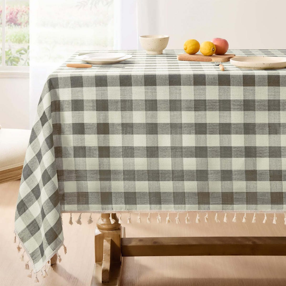 Softalker Gingham Rectangle Tablecloth with Tassel, Sage Green, 55" x 84"
