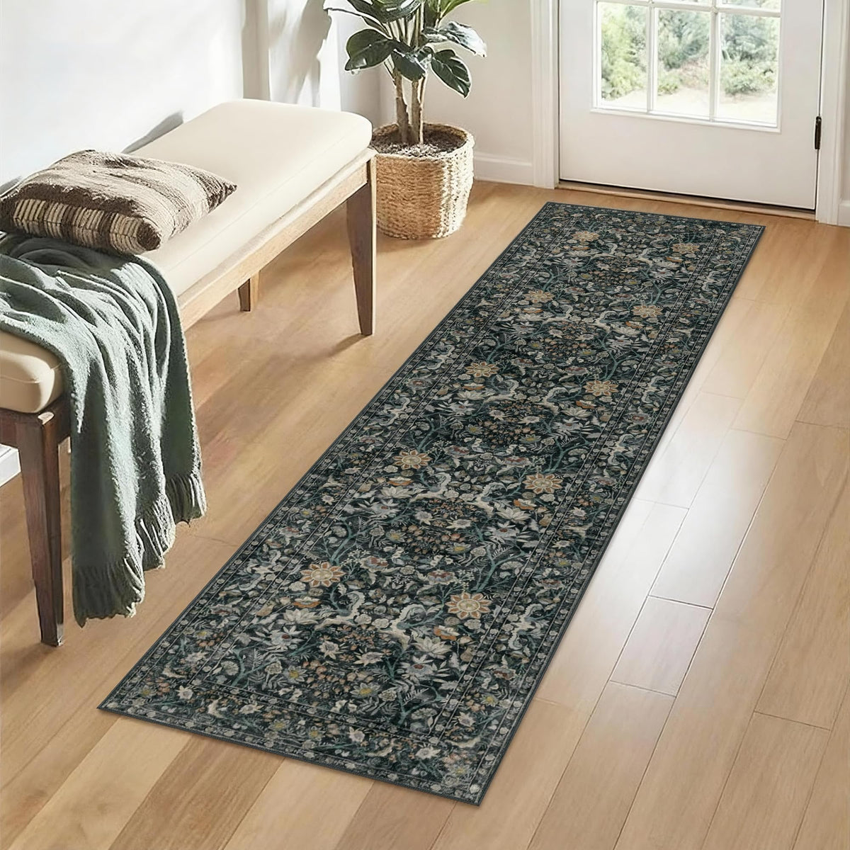 Vintage Botanical Area Rug 8x10: Floral Carpet Non-Slip - Dark Green